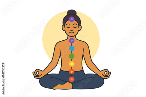 Person meditating in lotus pose showing seven chakra points alignment
