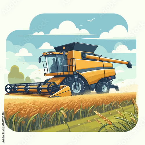 A vibrant illustration of a combine harvester working in a golden wheat field under a bright sky.