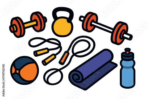 Colorful fitness equipment icons for workout and training sessions