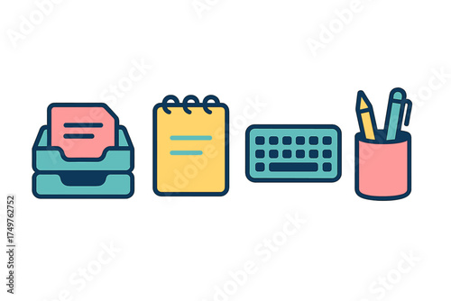 Office desk supplies icons featuring paper tray and stationery holder