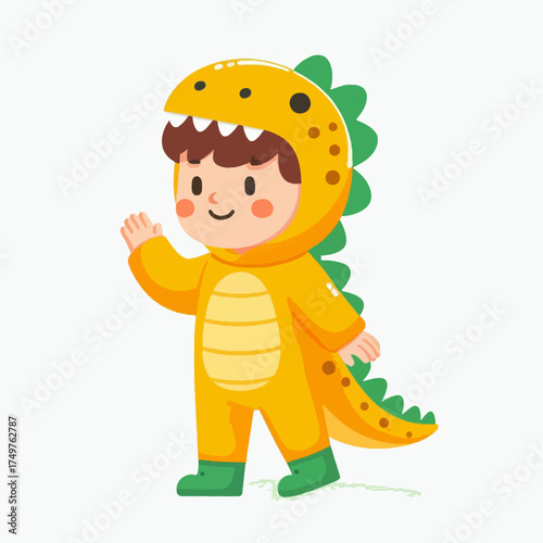 A cute cartoon child in a yellow dinosaur costume waving.