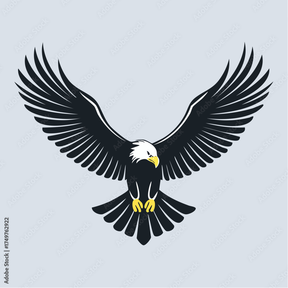 Obraz premium A black and white illustration of a bald eagle with outstretched wings on a light gray background.