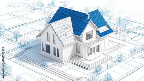 House model with blue panels, shown above blueprint with trees for planning use