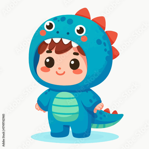 A cute cartoon child wearing a blue dinosaur costume with red spikes, smiling happily.