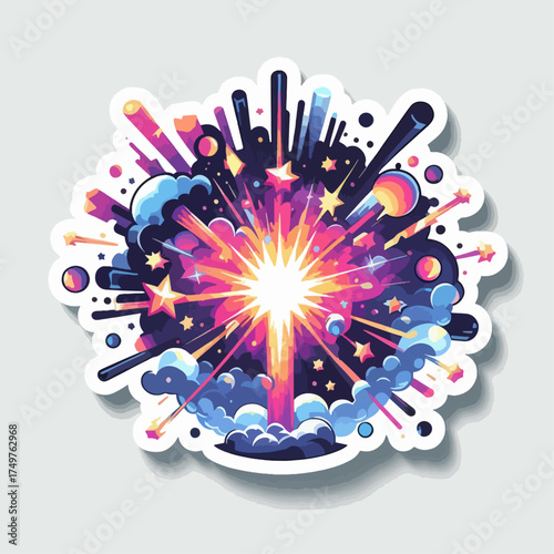 A vibrant and explosive burst of colorful light, stars, and cosmic elements, resembling a supernova or a spectacular fireworks display.
