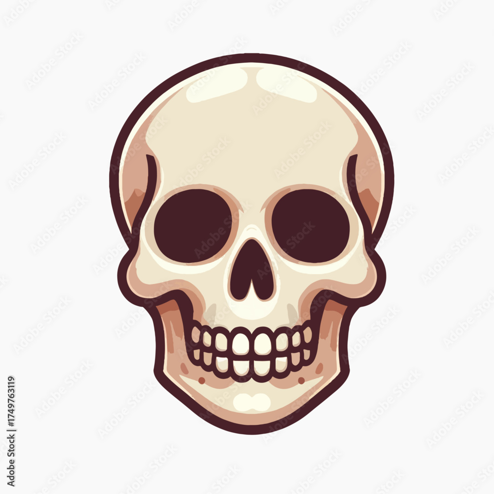 Fototapeta premium A stylized cartoon illustration of a human skull with dark eye sockets and visible teeth on a white background.
