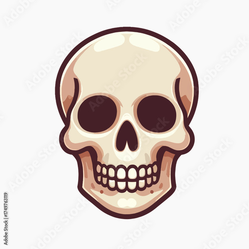 A stylized cartoon illustration of a human skull with dark eye sockets and visible teeth on a white background.
