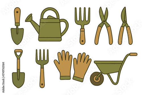 Essential gardening tools and equipment icons set