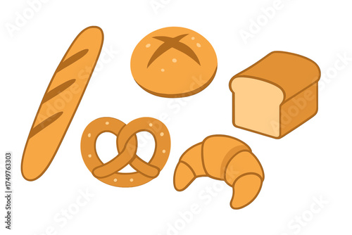 Assortment of baked goods icons including baguette, roll, pretzel, loaf, and croissant