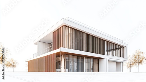 Modern house exterior with slatted wood accents, and trees in a bright sunny day, for real estate use