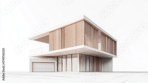 Fototapeta Naklejka Na Ścianę i Meble -  Modern home with wood facade and garage on light background, for real estate or design uses