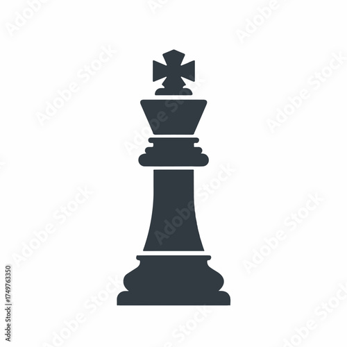 An elegant minimalist chess king is prominently featured as a striking 2D flat style vector illustration, showcasing a clean, sophisticated profile against a pristine white background.