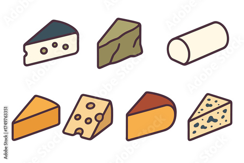 Isometric outline icons of assorted cheese varieties for culinary design