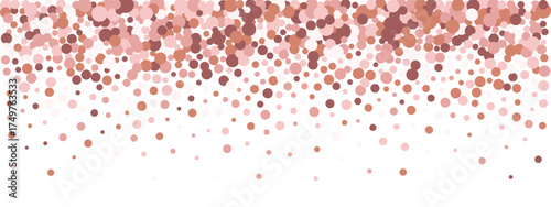 Rose gold confetti background with falling particles. Scattered dots, circles, and speckles create glitter effect on white backdrop. Vector sparkle pattern with pink tones.