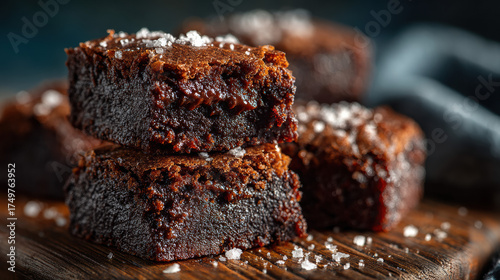 Fudgy Chocolate Brownies With Sea Salt On Wooden Board
