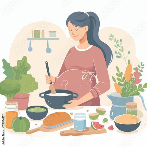 A pregnant woman happily cooking a healthy meal in a bright, well-lit kitchen filled with fresh ingredients and plants.