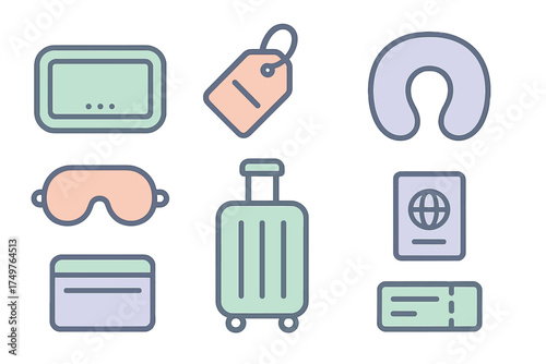 Essential travel and vacation accessories icons for journey planning