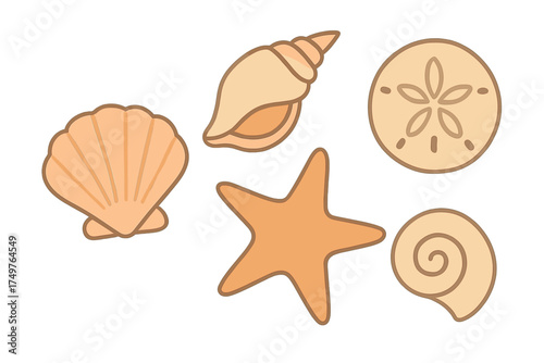 Stylized collection of various seashells and starfish icons