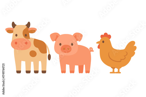 Adorable cartoon farm animals including cow pig and chicken
