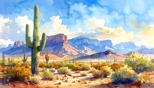 Arizona Desert Landscape with Saguaro Cactus.