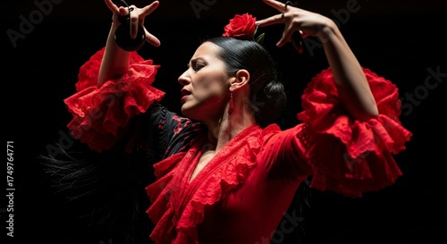 Wallpaper Mural Passionate flamenco dancer in vibrant red dress performing with grace and elegance. Flamenco dancer showcases traditional movement with expressive hands and emotive expressions. Torontodigital.ca