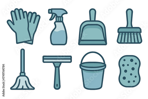 Collection of essential household cleaning tools and supplies icons