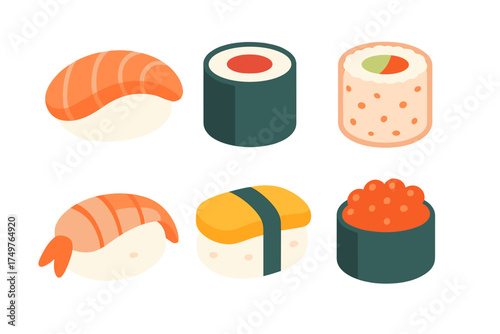 Isometric icons set of assorted sushi and maki rolls for food design