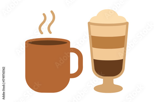 Steaming hot coffee mug and layered latte macchiato glass set