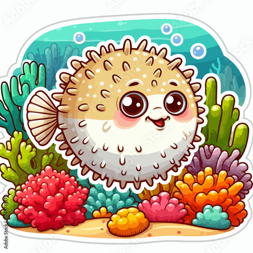 A cute, round, spiky pufferfish with big eyes smiles happily amidst colorful coral reefs and underwater plants.