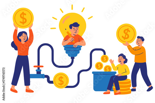 Conceptual graphic of people contributing to and receiving money flow from idea
