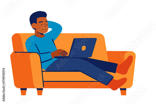 Man relaxing on couch using laptop for remote work or leisure activities