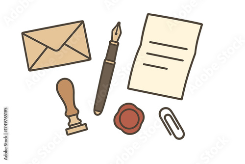 Flat lay arrangement of vintage writing and correspondence supplies