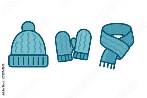 Blue knitted winter hat mittens and scarf set icons