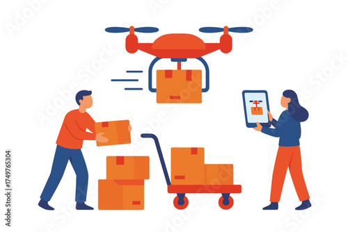 Autonomous drone delivery service with logistics workers managing packages