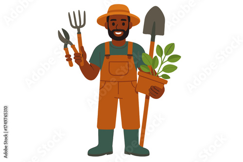 Happy male gardener holding various planting tools and a small seedling