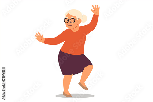 Joyful elderly woman with white hair dancing happily in motion