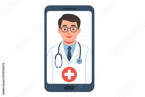 Male doctor on smartphone screen for telemedicine consultation