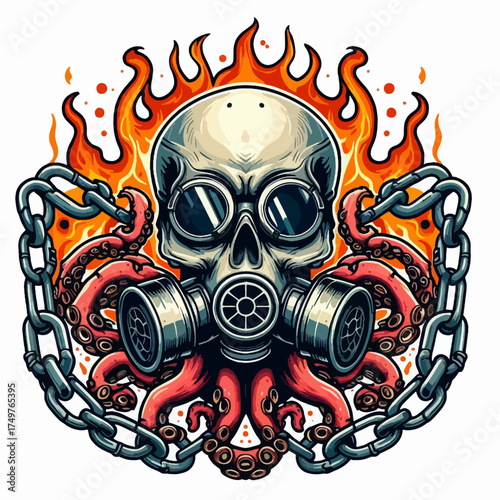 A stylized illustration of a skull wearing a gas mask and goggles, surrounded by octopus tentacles, flames, and heavy chains.