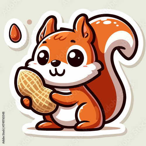 Cute cartoon squirrel holding a peanut with a peanut floating above it.