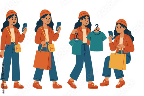 Young woman browsing fashion items on smartphone while holding retail purchases