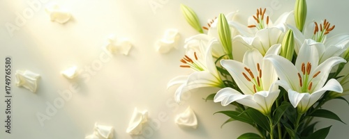 Floral bouquet with white lilies flowers. Elegant blossom with petals, leaves. Gentle light soft background with sun rays, floral design element for banner card. Romantic aesthetic with plant nature.
