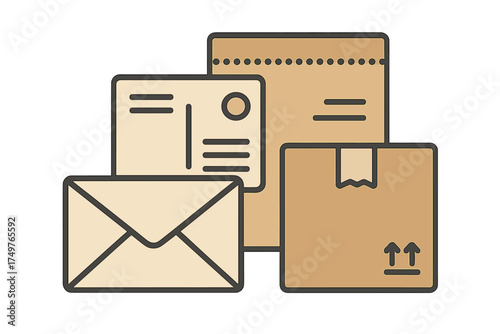 Assortment of shipping and mailing items including envelope, postcard, and cardboard box
