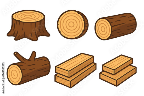 Collection of stylized wood materials including stump, logs, and lumber planks
