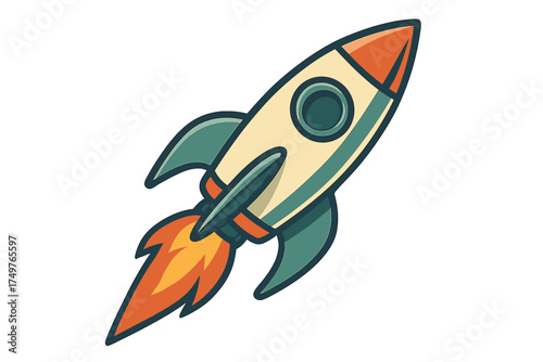 Cartoon rocket ship blasting off with dramatic fire exhaust