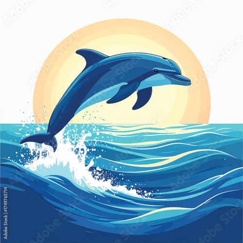 Illustration of a dolphin jumping out of the water with a sun in the background.