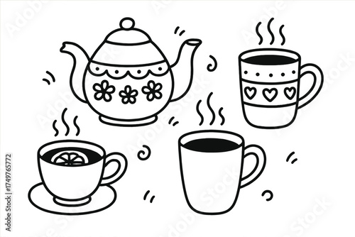 Set of hot drinks with teapot and steaming cups in line art style