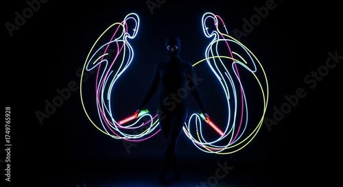 Dynamic light art performance with glowing figures creating vivid trails in dark environment. Captivating light display features colorful patterns made by motion,