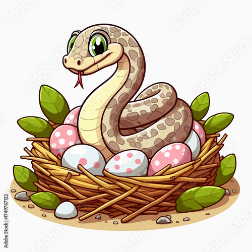A cute cartoon snake with big green eyes coiled in a nest with colorful spotted eggs and green leaves.