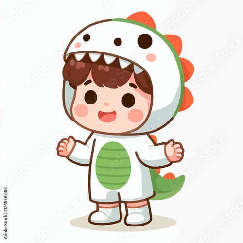 A cute cartoon child happily dressed in a friendly white and green dinosaur costume.