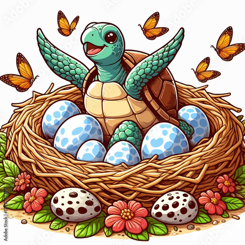 A happy cartoon turtle with wings sits in a nest full of speckled eggs surrounded by butterflies.